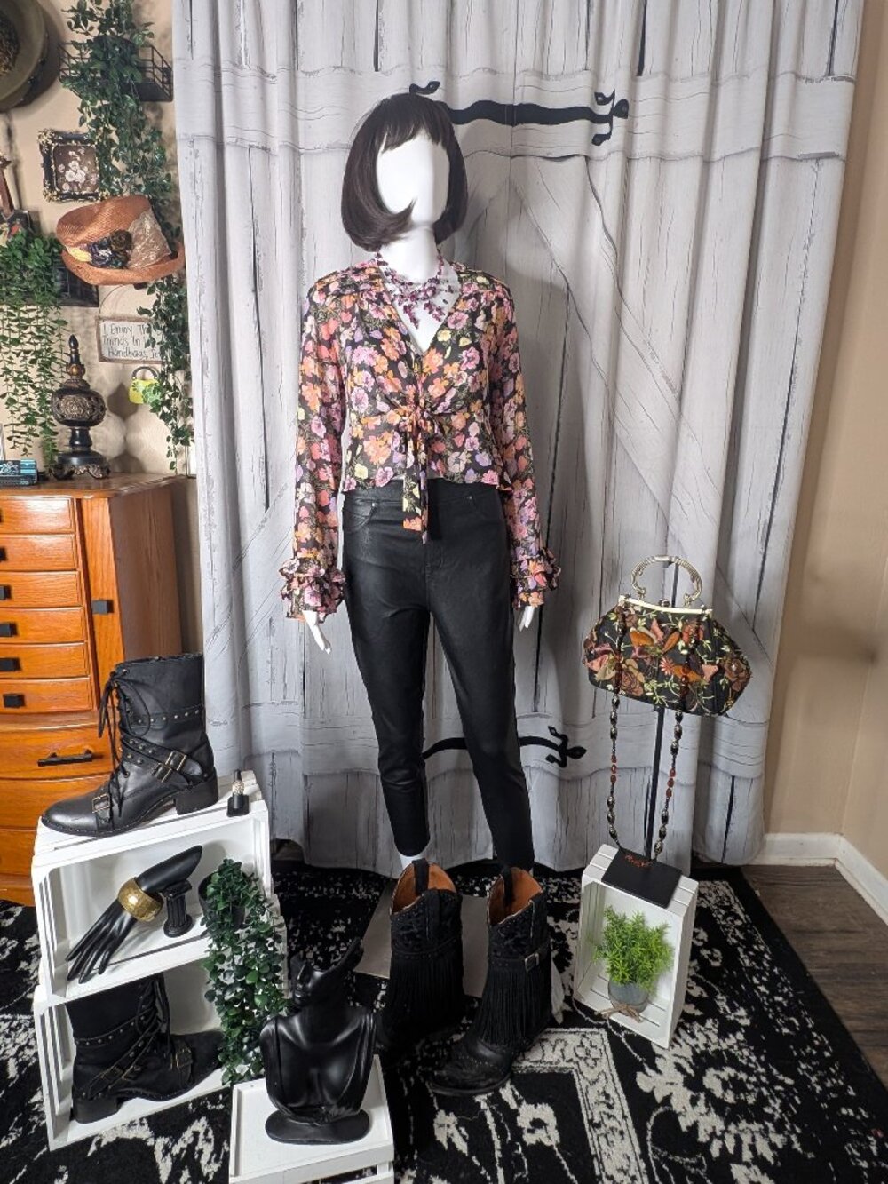 Free People Maybel Black Combo Floral Tie Crop Blouse Size Large NWT